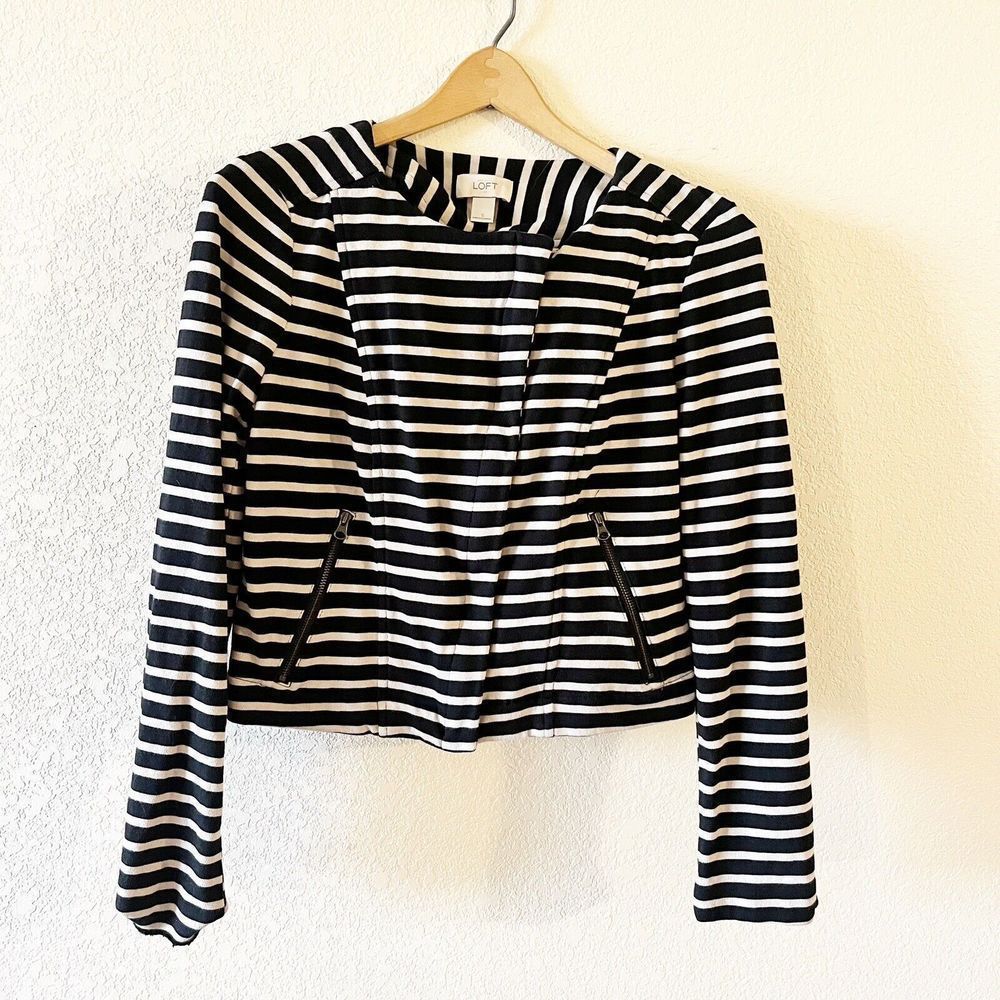 LOFT Womens S Moto Jacket Black Stripe Asymmetrical Full Zip 100% Cotton
